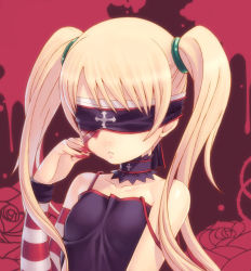 Rule 34 | 1girl, bare shoulders, blindfold, blonde hair, blood, camisole, choker, collarbone, detached sleeves, goth fashion, long hair, original, parted lips, solo, strap slip, striped, tasaka shinnosuke, twintails, upper body, aged down