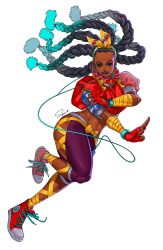 Rule 34 | 1girl, aqua hair, arm wrap, black hair, bow hairband, brown lips, cable, capcom, commentary, converse, cropped jacket, dark-skinned female, dark skin, earbuds, earphones, english commentary, fingerless gloves, forehead, full body, gloves, grey eyes, hairband, highres, hip vent, jacket, kimberly jackson, leg wrap, linea alba, long hair, lowleg, lowleg pants, multicolored hair, pants, puffy short sleeves, puffy sleeves, quad braids, red footwear, red gloves, red jacket, shoes, short sleeves, signature, smartwatch, sneakers, solo, spray can, street fighter, street fighter 6, superbull, thick thighs, thighs, toned, two-tone hair, very dark skin, walkman, watch, white background, wristwatch, yellow hairband