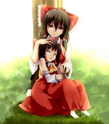 Rule 34 | 2girls, ^ ^, against tree, ascot, barefoot, bow, brown hair, closed eyes, detached sleeves, dual persona, female focus, grass, hair bow, hair tubes, hakurei reimu, long hair, mother and daughter, multiple girls, nature, open mouth, short hair, sitting, skirt, smile, time paradox, touhou, tree, yuu sagi