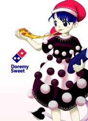 Rule 34 | 1girl, :3, black dress, blue book, blue hair, blush stickers, book, brand name imitation, breasts, character name, cheese trail, domino&#039;s pizza, doremy sweet, dress, eating, feet out of frame, food, hand up, hat, heart, heart tail, holding, holding book, holding food, holding pizza, itatatata, logo, looking at food, medium dress, nightcap, pale skin, pepperoni pizza, pizza, pom pom (clothes), red hat, santa hat, short hair, short sleeves, simple background, small breasts, solo, standing, tail, touhou, two-tone dress, white background, white dress, zun (style)