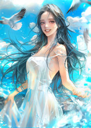 Rule 34 | 1girl, bird, black eyes, black hair, blurry, blush, bubble, clothes lift, cloud, cloudy sky, day, ddolddo88, dress, dress lift, flying, highres, in water, light, long dress, long hair, looking to the side, no sl, ocean, sky, smile, solo, teeth, water, wet, wet clothes