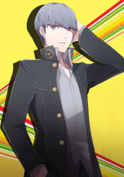 Rule 34 | 1boy, black jacket, blazer, blunt bangs, collarbone, dress shirt, grey eyes, grey shirt, hand in own hair, hand in pocket, jacket, looking at viewer, male focus, melrw22, narukami yuu, open clothes, open jacket, parted lips, persona, persona 4, school uniform, shirt, short hair, silver hair, smile, solo, uniform, upper body, yellow background
