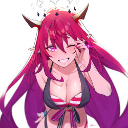 Rule 34 | 1girl, bikini, breasts, dasdokter, earrings, halo, highres, hololive, hololive english, hololive summer 2023 swimsuit, horns, irys (hololive), jewelry, large breasts, leaning forward, one eye closed, pointy ears, purple eyes, purple hair, purple nails, signature, smile, striped bikini, striped clothes, swimsuit, virtual youtuber, white background