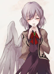 Rule 34 | 1girl, absurdres, bird wings, bow, bowtie, braid, brooch, brown jacket, closed eyes, collared shirt, feathered wings, french braid, grey hair, half updo, highres, jacket, jewelry, kishin sagume, long sleeves, lucky chicken, medium hair, purple shirt, purple skirt, red bow, red bowtie, shirt, single wing, skirt, smile, solo, touhou, white wings, wings