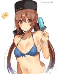 Rule 34 | 1girl, bad id, bad twitter id, bikini, bikini top only, black bow, blue bikini, blush, bow, breasts, brown eyes, brown hair, food, front-tie bikini top, front-tie top, fur hat, hair bow, hat, ice, inusaka, kantai collection, looking at viewer, low twintails, medium breasts, one-hour drawing challenge, open mouth, papakha, popsicle, russian clothes, simple background, solo, star (symbol), swimsuit, tashkent (kancolle), twintails, twitter username, white background