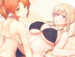 Rule 34 | 2girls, aquila (kancolle), ass, beach, bikini, black bikini, blonde hair, blush, breasts, brown eyes, cleavage, closed mouth, from behind, graf zeppelin (kancolle), italian flag, italian flag bikini, kantai collection, large breasts, long hair, looking at viewer, looking back, medium breasts, multiple girls, open mouth, osterei, ponytail, print bikini, purple eyes, red hair, side-tie bikini bottom, sideboob, sidelocks, skindentation, smile, swimsuit, twintails