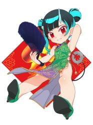Rule 34 | 1girl, alternate costume, alternate hairstyle, arm behind back, armpits, black hair, blue hair, blunt bangs, blush, buren, china dress, chinese clothes, commentary request, demon girl, demon horns, demon tail, double bun, dress, earrings, flat chest, folding fan, full body, green dress, green footwear, green nails, grin, hair bun, hand fan, high heels, highres, holding, holding fan, horns, jewelry, looking at viewer, medium bangs, multicolored hair, nanashi inc., pointy ears, red eyes, shishio chris, short hair, smile, solo, stud earrings, tail, two-tone hair, virtual youtuber, white background