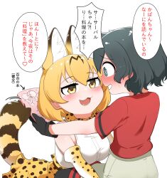 Rule 34 | 2girls, :3, @ @, absurdres, animal ears, assertive female, bare shoulders, black gloves, black hair, black pantyhose, blonde hair, blue eyes, blush, cat ears, cat girl, cat tail, chis (js60216), elbow gloves, embarrassed, eye contact, face-to-face, fang, gloves, grey shorts, high-waist skirt, highres, kaban (kemono friends), kemono friends, leaning forward, looking at another, multiple girls, no headwear, open mouth, pantyhose, print gloves, print skirt, red shirt, seductive smile, serval (kemono friends), serval print, shirt, short hair, short sleeves, shorts, skirt, sleeveless, smile, t-shirt, tail, translated, white shirt, yellow eyes, yuri