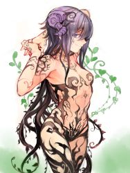 Rule 34 | 1girl, arms behind head, blue eyes, brown hair, closed mouth, cowboy shot, gradient hair, hands up, highres, horns, komota (kanyou shoujo), long hair, looking at viewer, multicolored hair, original, plant, plant hair, purple hair, revealing clothes, smile, solo, standing, stretching, tentacle hair, two-tone hair, very long hair, vines, white background