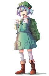 Rule 34 | 1girl, backpack, bag, blue eyes, blue hair, boots, brown footwear, full body, hair bobbles, hair ornament, hat, kawashiro nitori, key, knee boots, long sleeves, looking at viewer, matching hair/eyes, open mouth, shirt, short hair, simple background, skirt, skirt set, smile, solo, sone (takahiro-osone), thighhighs, touhou, twintails, two side up, white background, white thighhighs