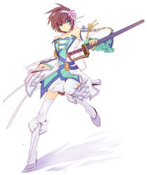 Rule 34 | 1boy, adapted costume, asbel lhant, bare shoulders, blue eyes, boots, brown hair, crossdressing, flower, full body, gender request, genderswap, hair ornament, hairband, knee boots, male focus, retpa, skirt, solo, sword, tales of (series), tales of graces, thighhighs, weapon, white background, white thighhighs