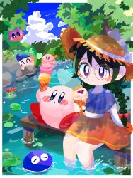 Rule 34 | 1girl, :o, ^ ^, bandana, bandana waddle dee, black hair, blue bandana, blue eyes, blue shawl, blue sky, blush, blush stickers, border, bow, braid, bush, character-themed food, closed eyes, closed mouth, cloud, commentary request, day, dock, eyelashes, food, glasses, glunk (kirby), gooey (kirby), hair bow, hat, highres, holding, holding food, ice cream, ice cream cone, kirby, kirby (series), kirby 64, lily pad, long hair, looking at viewer, nintendo, omame sakana, open mouth, orange skirt, outdoors, outside border, polof, pond, purple eyes, red bow, ripple star queen, round eyewear, shawl, sidelocks, sitting, skirt, sky, soaking feet, straw hat, sun hat, tree, twin braids, wafer stick, water, whiskers (kirby), white border, zero two (kirby)