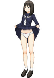 Rule 34 | 1girl, black eyes, black footwear, black hair, blouse, blue sailor collar, blue shirt, blue skirt, blunt ends, blush, bow, bow panties, closed mouth, clothes lift, commentary request, crotch seam, full body, lifting own clothes, light frown, loafers, long sleeves, maburu (lojyq1eur3e8bit), medium hair, miniskirt, neckerchief, original, panties, pleated skirt, sailor collar, shirt, shoes, simple background, skirt, skirt lift, socks, solo, standing, underwear, white background, white neckerchief, white panties, white socks