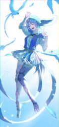 Rule 34 | 1girl, ^ ^, absurdres, arm up, bird, bird girl, bird legs, bird tail, bird wings, blue background, blue bird, blue capelet, blue gemstone, blue hair, blue theme, brooch, buljumeok ishutal, capelet, closed eyes, collared dress, dress, falling feathers, feathered wings, feathers, final fantasy, final fantasy xiv, floating, from side, full body, gem, gradient background, head wings, highres, jewelry, meteion, monster girl, open mouth, short hair, simple background, smile, solo, tail, tassel, white dress, wings