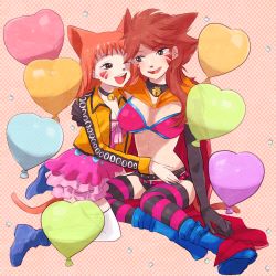 Rule 34 | 2girls, ;d, amakumoma, animal ears, balloon, bell, belt, bikini, bikini top only, black gloves, blue footwear, boots, breasts, brown eyes, brown hair, cape, cat ears, cat tail, choker, cleavage, dual persona, elbow gloves, facial mark, fairy tail, full body, gloves, heart balloon, hug, jacket, large breasts, long hair, millianna, multiple girls, neck bell, one eye closed, open mouth, pink background, polka dot, polka dot background, red hair, short shorts, shorts, sitting, small breasts, smile, striped clothes, striped legwear, striped thighhighs, swimsuit, tail, thighhighs, twintails, white legwear