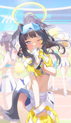 Rule 34 | 5girls, animal ears, back, bare shoulders, black hair, blue archive, blue eyes, breasts, cheerleader, dog ears, dog girl, dog tail, duplicate, eyewear on head, gloves, goggles, goggles on head, halo, hibiki (blue archive), hibiki (cheer squad) (blue archive), highres, kotori (blue archive), kotori (cheer squad) (blue archive), long hair, looking at viewer, medium breasts, midriff, millennium cheerleader outfit (blue archive), miniskirt, multiple girls, navel, official alternate costume, one eye closed, panties, panty peek, pixel-perfect duplicate, pom pom (cheerleading), ponytail, skirt, sleeveless, stadium, star sticker, sticker on face, sugarhigh, tail, underwear, white skirt, yellow halo