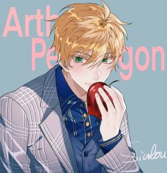 Rule 34 | 1boy, ahoge, apple, arthur pendragon (fate), blonde hair, blue background, blue shirt, blush, character name, chinese commentary, closed mouth, collared shirt, commentary request, fate/grand order, fate/prototype, fate/prototype: fragments of blue and silver, fate (series), food, fruit, gold trim, green eyes, grey jacket, hair between eyes, highres, holding, holding food, holding fruit, jacket, long sleeves, looking at viewer, male focus, shirt, short hair, sialou, signature, simple background, smile, solo, striped clothes, striped jacket, striped shirt, text background, upper body
