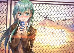 Rule 34 | 10s, 1girl, aircraft, airplane, animal ears, aqua eyes, aqua hair, backlighting, blazer, blush, brown jacket, buttons, can, chain-link fence, closed mouth, drink can, evening, fence, fingernails, hair between eyes, hair ornament, hairclip, holding, jacket, jewelry, kantai collection, koyuki (kotatsu358), lips, long hair, long sleeves, looking at viewer, open clothes, open jacket, outdoors, pink lips, remodel (kantai collection), ring, school uniform, sleeves past wrists, smile, soda can, solo, straight hair, sunset, suzuya (kancolle), tareme, unbuttoned, upper body, wedding band, wedding ring, z3 max schultz (kancolle)