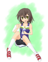 Rule 34 | 00s, bike shorts, blue pony, bluepony, bottle, brown eyes, brown hair, cheerleader, fang, highres, kusakabe misao, lucky star, short hair, solo, spandex, towel, yellow eyes
