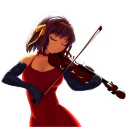 Rule 34 | 1girl, absurdres, arantheus, black gloves, breasts, brown hair, choker, cleavage, dress, elbow gloves, closed eyes, formal, gloves, hairband, highres, instrument, large breasts, playing instrument, red dress, short hair, solo, suzumiya haruhi, suzumiya haruhi no yuuutsu, transparent background, violin