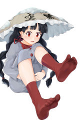 Rule 34 | 1girl, absurdres, ajirogasa, black hair, braid, buttons, capelet, clothes writing, commentary request, dress, earlobes, feet, female focus, foot focus, full body, grey dress, hands under legs, hat, highres, jizou, knees up, long earlobes, long hair, long sleeves, open mouth, own hands together, puchikya, red capelet, red eyes, red socks, simple background, sitting, smile, snow, snow on head, socks, soles, solo, toes, touhou, tube socks, twin braids, white background, yatadera narumi