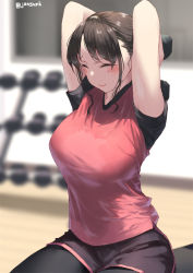 Rule 34 | 1girl, arms behind head, black shorts, blush, breasts, brown hair, closed mouth, commentary request, exercising, closed eyes, jonsun, large breasts, mole, mole under eye, original, pantyhose, red shirt, shirt, short hair, short sleeves, shorts, sitting, tamami (jonsun), twitter username