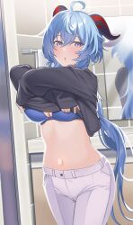 Rule 34 | 1girl, absurdres, ahoge, alternate costume, bathroom, belt, black sweater, blue bra, blue hair, blush, bra, breasts, clothes lift, commentary request, ganyu (genshin impact), genshin impact, goat horns, hair between eyes, highres, horns, indoors, large breasts, long hair, long sleeves, looking at viewer, mirror image, navel, o-los, open mouth, pants, purple eyes, sink, sleeves past wrists, solo, sweater, sweater lift, underwear, undressing, white pants