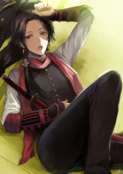 Rule 34 | 10s, 1boy, androgynous, brown hair, coat, collared shirt, hiki yuichi, indoors, kashuu kiyomitsu, katana, knee up, long hair, looking at viewer, lying, male focus, military uniform, mole, mole under mouth, nail polish, open mouth, personification, ponytail, red eyes, red nails, scarf, solo, sword, touken ranbu, weapon