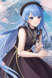 Rule 34 | 1girl, absurdres, bare arms, belt, beret, black dress, blue eyes, blue hair, blue sky, breasts, cloud, day, dress, earrings, flower, grin, hair flower, hair ornament, hat, highres, holding, holding umbrella, hololive, hoshimachi suisei, hoshimachi suisei (maid), jewelry, long hair, looking at viewer, nakaneabura8623, official alternate costume, official alternate hairstyle, outdoors, sky, small breasts, smile, solo, star (symbol), star in eye, symbol in eye, teeth, umbrella, very long hair, virtual youtuber, wing collar, yellow belt