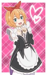 Rule 34 | 1girl, :d, apron, blue eyes, bow, clenched hand, detached sleeves, hair between eyes, headband, heart, maid, maid apron, onomekaman, open mouth, orange hair, petra leyte, pink background, re:zero kara hajimeru isekai seikatsu, red bow, red headband, simple background, smile, solo, spoilers, standing, wide sleeves