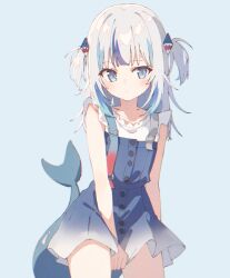 Rule 34 | 1girl, blue dress, blue eyes, blush, closed mouth, cowboy shot, dress, fins, fish tail, gawr gura, gawr gura (casual), grey hair, hair ornament, highres, hololive, hololive english, korean commentary, looking at viewer, miro (tae00), multicolored hair, official alternate costume, shark girl, shark hair ornament, shark tail, simple background, sleeveless, solo, streaked hair, tail, twintails, virtual youtuber