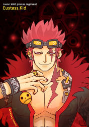 Rule 34 | 1boy, character name, eustass kid, goggles, hikoc, male focus, nail polish, one piece, open clothes, open shirt, red hair, scar, shirt, solo
