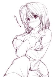 Rule 34 | 1girl, blush, breasts, collarbone, covering privates, covering breasts, greyscale, large breasts, long sleeves, monochrome, no headwear, no headwear, nori tamago, nose blush, pajamas, parted lips, saigyouji yuyuko, short hair, simple background, sketch, solo, sweat, touhou, translated, unfinished, white background