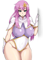 Rule 34 | 1girl, blue eyes, breasts, covered navel, covered erect nipples, gundam, gundam seed, gundam seed destiny, large breasts, leotard, long hair, looking at viewer, meer campbell, pink hair, simple background, smile, star (symbol), thighs, white background