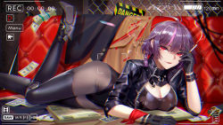 Rule 34 | 1girl, ahoge, baseball bat, black footwear, black gloves, black jacket, black leotard, black pantyhose, blunt bangs, boots, braid, breasts, card, chain-link fence, cigarette, cigarette pack, cleavage, closed mouth, couch, cropped jacket, d. (ddot2018), fence, gloves, high heel boots, high heels, highres, holding, holding cigarette, iron saga, jacket, knife, leg up, leotard, lips, looking at viewer, lying, medium breasts, money, multicolored hair, nagase aya (iron saga), official art, on couch, on stomach, pantyhose, paper, pink hair, playing card, purple hair, red ribbon, ribbon, short hair, sign, sleeves past elbows, smile, smoke, solo, streaked hair, thigh boots, thighhighs, tsurime, two-tone hair, unzipped, viewfinder, warning sign, wrist ribbon, wristband, zipper