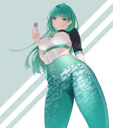 Rule 34 | 1girl, aqua background, aqua eyes, aqua hair, aqua pants, arm behind back, blunt bangs, breasts, candy, closed mouth, contrapposto, covered navel, expressionless, food, from below, highleg, highleg leotard, holding, holding food, large breasts, leotard, leotard under clothes, lollipop, looking at viewer, looking down, original, pants, short sleeves, shrug (clothing), sogdin, solo, standing, thighs, two-tone background, underbust, white background, white leotard, yoga pants