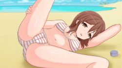 Rule 34 | 1girl, ass, bare legs, beach, bikini, bra, breasts, brown eyes, brown hair, cameltoe, clara (together again), cleft of venus, game cg, hand on own leg, highres, legs up, looking at viewer, lying, medium breasts, ocean, open mouth, panties, pinktea, presenting, red and white stripes, sand, short hair, solo focus, spread legs, striped bikini, striped bra, striped clothes, striped panties, swimsuit, together again, underwear, water
