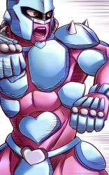 Rule 34 | 1boy, blurry, clenched hands, commentary request, crazy diamond, depth of field, diamond wa kudakenai, fighting stance, jojo no kimyou na bouken, male focus, motion blur, muscular, open mouth, red eyes, solo, speed lines, stand (jojo), standing, tottsuman, white background