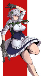 Rule 34 | 1girl, absurdres, black gloves, braid, breasts, closed mouth, commentary request, gloves, grey hair, highres, holding, holding knife, izayoi sakuya, knife, large breasts, maid, maid headdress, medium hair, red background, red eyes, side braids, simple background, smile, solo, strong anus, touhou, twin braids