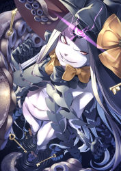 Rule 34 | 1girl, abigail williams (fate), abigail williams (third ascension) (fate), black bow, black gloves, black hat, black panties, blonde hair, bow, evil grin, evil smile, fate/grand order, fate (series), foreshortening, from above, gloves, grin, hair bow, hat, highres, kazuki seihou, key, keyhole, long hair, looking at viewer, multiple hair bows, orange bow, panties, parted bangs, polka dot, polka dot bow, purple bow, red eyes, revealing clothes, sharp teeth, sleeves past fingers, sleeves past wrists, smile, solo, standing, teeth, tentacles, underwear, very long hair, witch hat