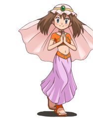 Rule 34 | 1girl, alternate costume, awa, blue eyes, brown hair, clothes pull, creatures (company), dress pull, game freak, harem outfit, harem pants, looking at viewer, lowres, may (pokemon), medium hair, midriff, navel, nintendo, non-web source, official alternate costume, pants, pokemon, pokemon (anime), pokemon dppt (anime), purple pants, smile, solo, third-party edit