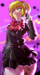 Rule 34 | 1girl, absurdres, aegis (persona), android, black skirt, blonde hair, blue eyes, bob cut, bow, bowtie, breasts, commentary, commission, cowboy shot, english commentary, gekkoukan high school uniform, gloves, gun, hairband, hand on own head, haysey, highres, holding, holding gun, holding weapon, instagram logo, logo request, long sleeves, medium breasts, patreon logo, persona, persona 3, red bow, red bowtie, ribbon, school uniform, short hair, skirt, smile, smug, solo, standing, twitter logo, twitter username, weapon
