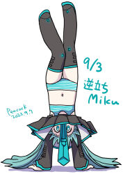 Rule 34 | 1girl, aqua eyes, aqua hair, black footwear, boots, bra, character name, dated, detached sleeves, dress, handstand, hatsune miku, looking at viewer, navel, panties, peacock (p-location), pleated dress, signature, simple background, solo, striped bra, striped clothes, striped panties, striped underwear, thigh boots, twintails, underwear, upside-down, vocaloid, white background