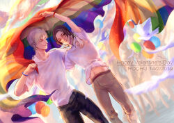 Rule 34 | 2boys, absurdres, arm up, axis powers hetalia, balloon, beichuanying, belt, bird, black hair, black pants, blue bracelet, bracelet, brown belt, brown eyes, brown hair, brown pants, character name, china (hetalia), chinese commentary, closed mouth, collarbone, commentary request, dated, day, dutch angle, feet out of frame, flag, flying, grey hair, hand on another&#039;s shoulder, happy valentine, highres, holding, holding flag, jewelry, long hair, looking ahead, looking to the side, male focus, midriff, multiple boys, outdoors, pants, parted hair, parted lips, people, pink lips, rainbow flag, red bracelet, russia (hetalia), shirt, short hair, short sleeves, simple bird, smile, solo focus, t-shirt, valentine, white shirt, yaoi