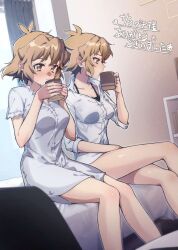 Rule 34 | 2girls, bed, black bra, blush, bra, breasts, brown eyes, closed mouth, collarbone, collared shirt, commentary request, cup, dress, feet out of frame, highres, holding, holding cup, indoors, light brown hair, medium breasts, multiple girls, on bed, senki zesshou symphogear, shirt, short hair, sitting, tachibana hibiki (symphogear), tachibana hibiki (symphogear) (another), translation request, underwear, white dress, white shirt, yukitsuba hina