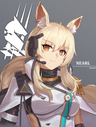 Rule 34 | 1girl, absurdres, animal ear fluff, arknights, blonde hair, breasts, brown eyes, character name, closed mouth, headset, highres, jacket, long hair, looking at viewer, medium breasts, nearl (arknights), nearl the radiant knight (arknights), official alternate costume, simple background, solo, super hellrat, upper body, white jacket