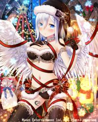 Rule 34 | angel wings, bell, black bow, black gloves, black hat, black legwear, blue eyes, blush, bow, breasts, christmas, cleavage, collar, falkyrie no monshou, gift, gloves, hand on own chest, hat, large breasts, long hair, looking at viewer, natsumekinoko, navel, neck bell, official art, parted lips, red ribbon, ribbon, santa hat, silver hair, snowflakes, thighhighs, wings