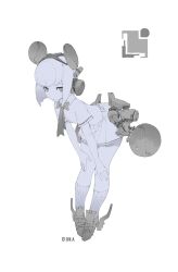Rule 34 | 1girl, bent over, bow, bowtie, closed mouth, collared shirt, crop top, cropped shirt, expressionless, full body, greyscale, hands on own knees, headgear, highres, kneehighs, liren44, looking at viewer, mechanical ears, mechanical parts, metal, miniskirt, monochrome, original, pleated skirt, sabaton, science fiction, shirt, short hair, short sleeves, simple background, skirt, socks, solo, unfinished