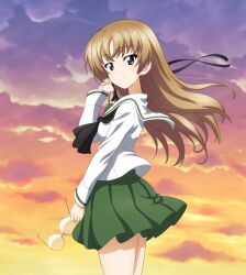 Rule 34 | 1girl, black neckerchief, black ribbon, brown eyes, brown hair, closed mouth, girls und panzer, green skirt, highres, key (gaigaigai123), long hair, long sleeves, looking at viewer, neckerchief, oono aya, pleated skirt, ribbon, round eyewear, skirt, smile, solo, sunset, unworn eyewear