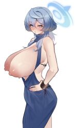 Rule 34 | 1girl, ako (blue archive), ako (dress) (blue archive), bare shoulders, blue archive, blue dress, blue eyes, blue hair, blush, breasts, broken handcuffs, cuffs, dress, halo, hand on own hip, handcuffs, highres, huge breasts, large pectorals, long hair, looking at viewer, nipples, open mouth, pectorals, raised eyebrow, solo, todakenji, upper body, white background